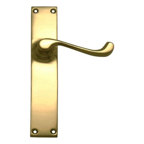 Gold door handle on a white background. Lever Latch Passage Set PB 200x36mm