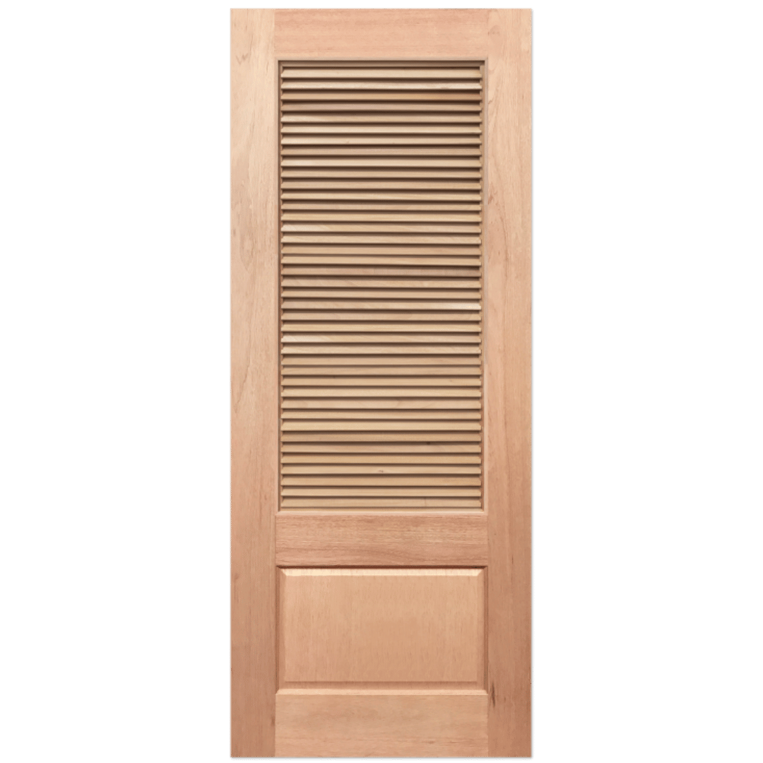 Wooden door with slatted design on a green background. Louvre5