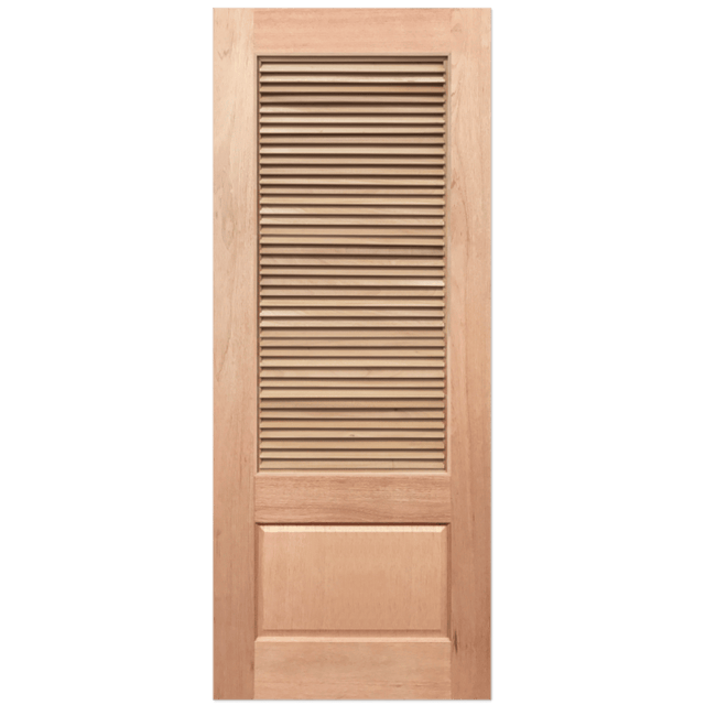 Wooden door with slatted design on a green background. Louvre5