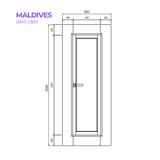 Technical drawing of a door with dimensions labeled, for the Maldives door from Bay Solutions