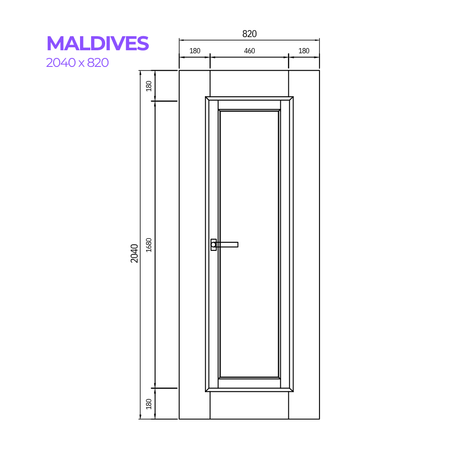 Technical drawing of a door with dimensions labeled, for the Maldives door from Bay Solutions