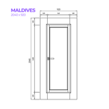 Technical drawing of a door with dimensions labeled, for the Maldives door from Bay Solutions