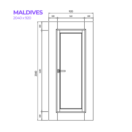 Technical drawing of a door with dimensions labeled, for the Maldives door from Bay Solutions