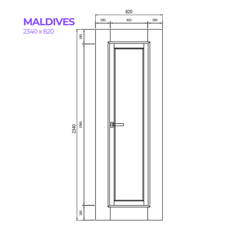 Technical drawing of a door with dimensions labeled, for the Maldives door from Bay Solutions