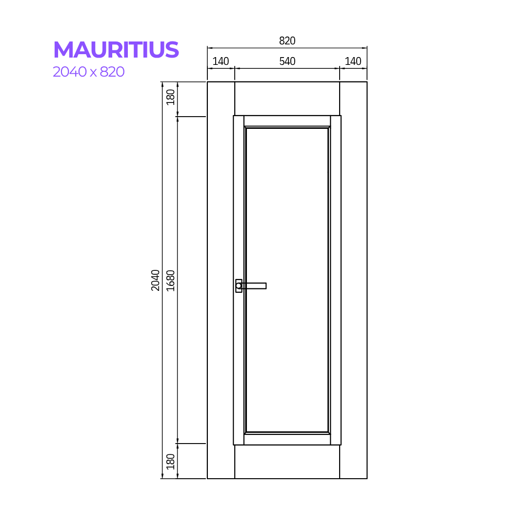 Technical drawing of a door labeled 'MAURITIUS' with dimensions.
