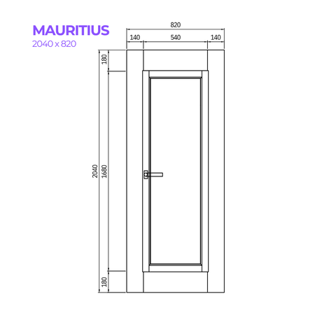 Technical drawing of a door labeled 'MAURITIUS' with dimensions.