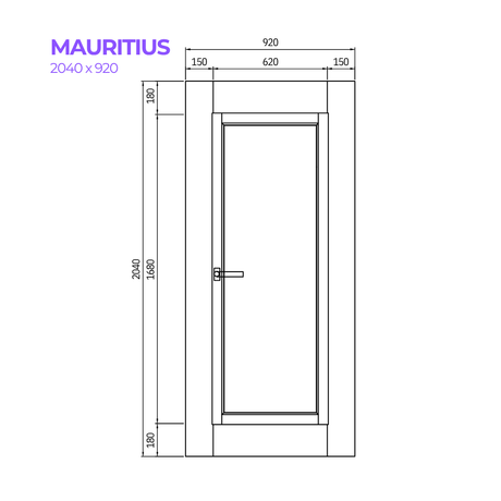 Technical drawing of a door labeled 'MAURITIUS' with dimensions.
