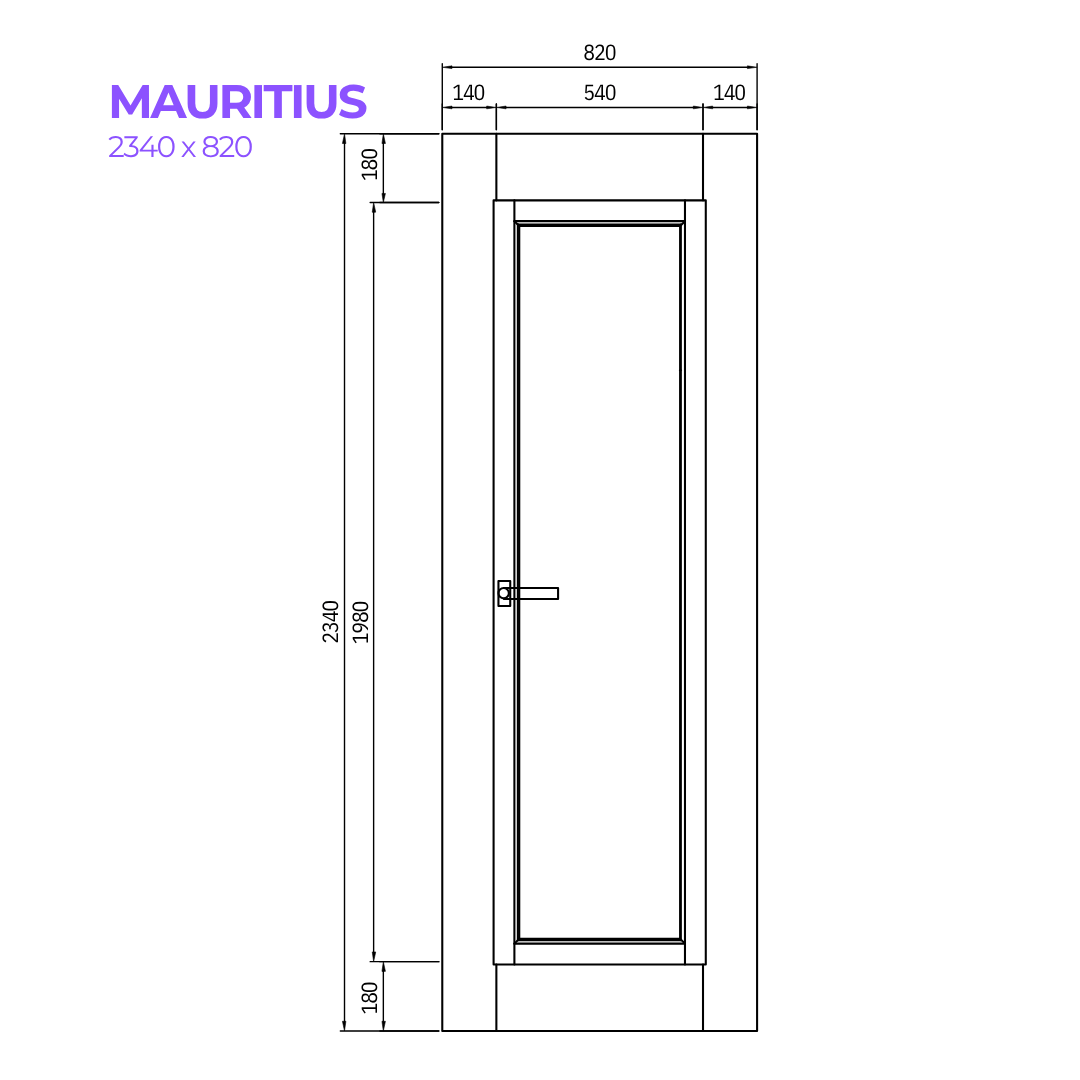 Technical drawing of a door labeled 'MAURITIUS' with dimensions.