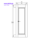 Technical drawing of a door labeled 'MAURITIUS' with dimensions.