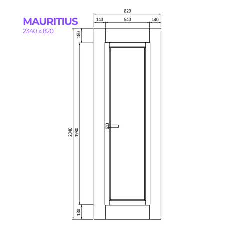 Technical drawing of a door labeled 'MAURITIUS' with dimensions.