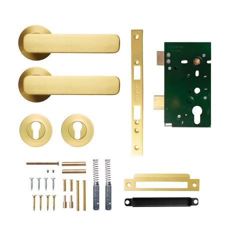 Set of brass door handles and lock components on a white background. MomoAspenSolidBrassLeverEntranceSetInBrushedSatinBrass