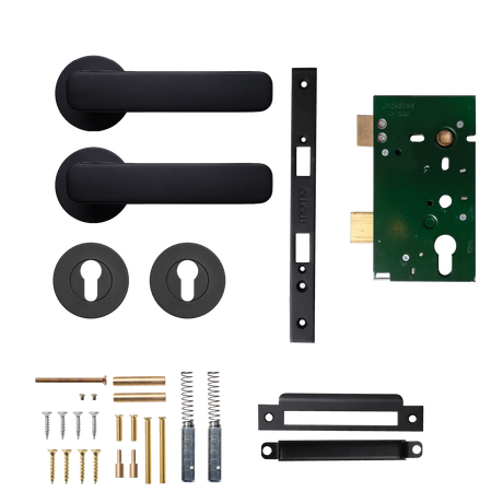 Door handle and lock assembly kit on a white background. MomoAspenSolidBrassLeverEntranceSetInMattBlack