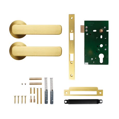 Door handle assembly with components on a white background. MomoAspenSolidBrassMorticeLockPassageLeverSetInBrushedSatinBrass