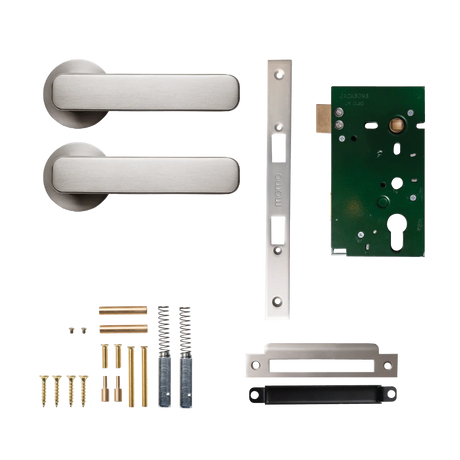 Door handle assembly with lock mechanism on a white background. MomoAspenSolidBrassMorticeLockPassageLeverSetInDullBrushedNickelMomoAspenSolidBrassMorticeLockPassageLeverSetInDullBrushedNickel