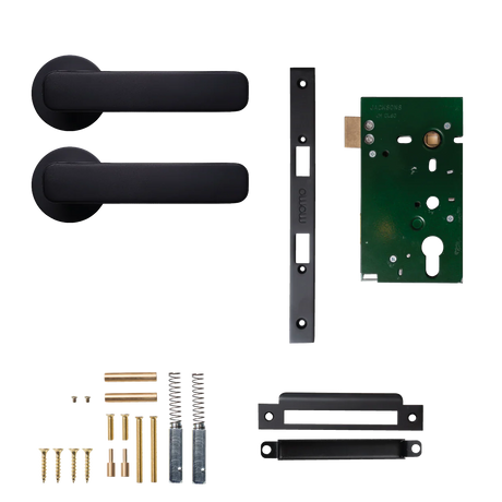 Door handle assembly with components on a white background. MomoAspenSolidBrassMorticeLockPassageLeverSetInMattBlack