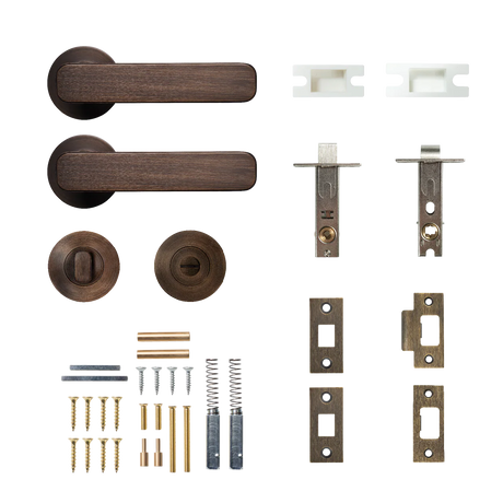 Door handle and lock mechanism set on a white background. MomoAspenSolidBrassTubularLatchPrivacyLeverSetInBronze