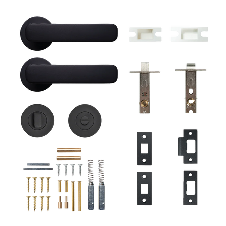 Door handle and lock assembly kit on a white background. MomoAspenSolidBrassTubularLatchPrivacyLeverSetInMattBlack