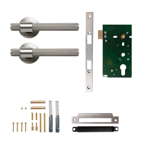 MomoBelgraviaSolidBrassKnurledMorticeLockPassageLeverSetInDullBrushedNickel