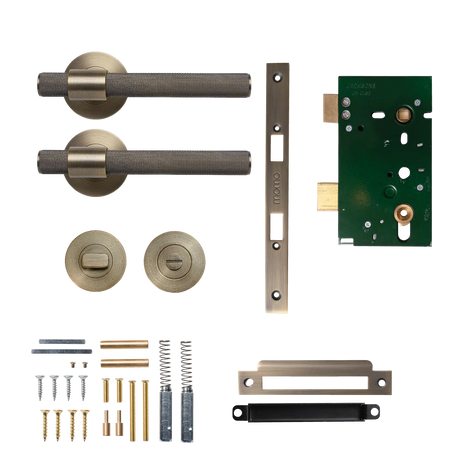 MomoBelgraviaSolidBrassKnurledMorticeLockPrivacyLeverSetInDarkBrushedBrass. 