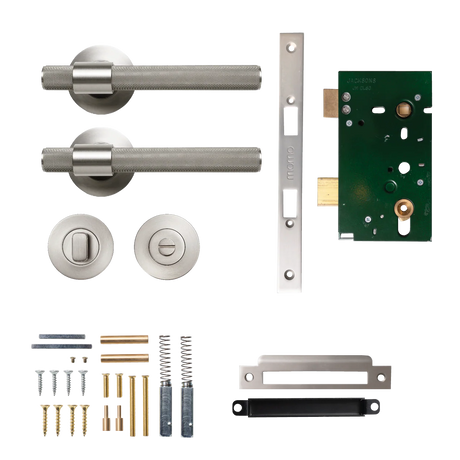 MomoBelgraviaSolidBrassKnurledMorticeLockPrivacyLeverSetInDullBrushedNickel