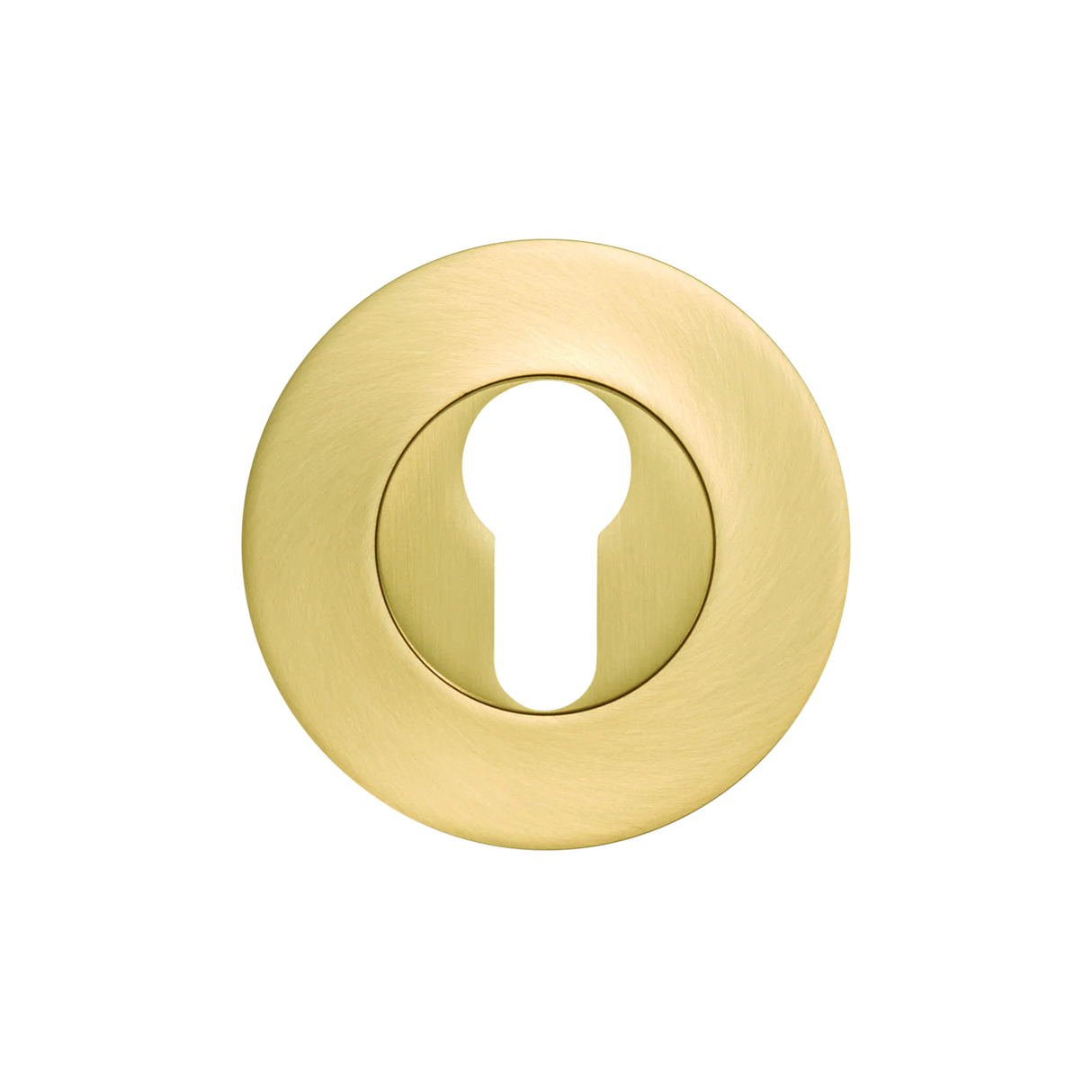 Gold door escutcheon on a white background. MomoEuroCylinderEscutcheonSetBrushedSatinBrass