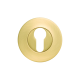 Gold door escutcheon on a white background. MomoEuroCylinderEscutcheonSetBrushedSatinBrass