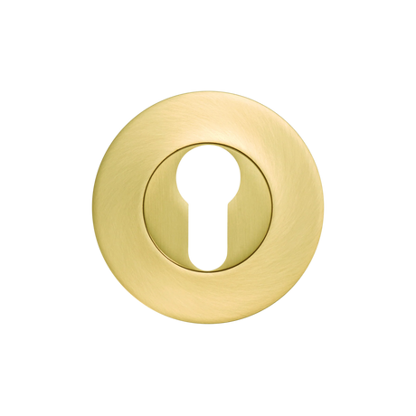 Gold door escutcheon on a white background. MomoEuroCylinderEscutcheonSetBrushedSatinBrass