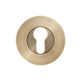 Brass door escutcheon on a white background. MomoEuroCylinderEscutcheonSetDarkBrushedBrass