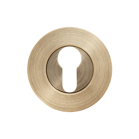 Brass door escutcheon on a white background. MomoEuroCylinderEscutcheonSetDarkBrushedBrass