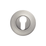 Metallic door escutcheon on a white background. MomoEuroCylinderEscutcheonSetDullBrushedNickel
