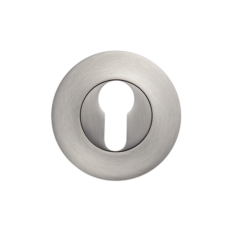 Metallic door escutcheon on a white background. MomoEuroCylinderEscutcheonSetDullBrushedNickel