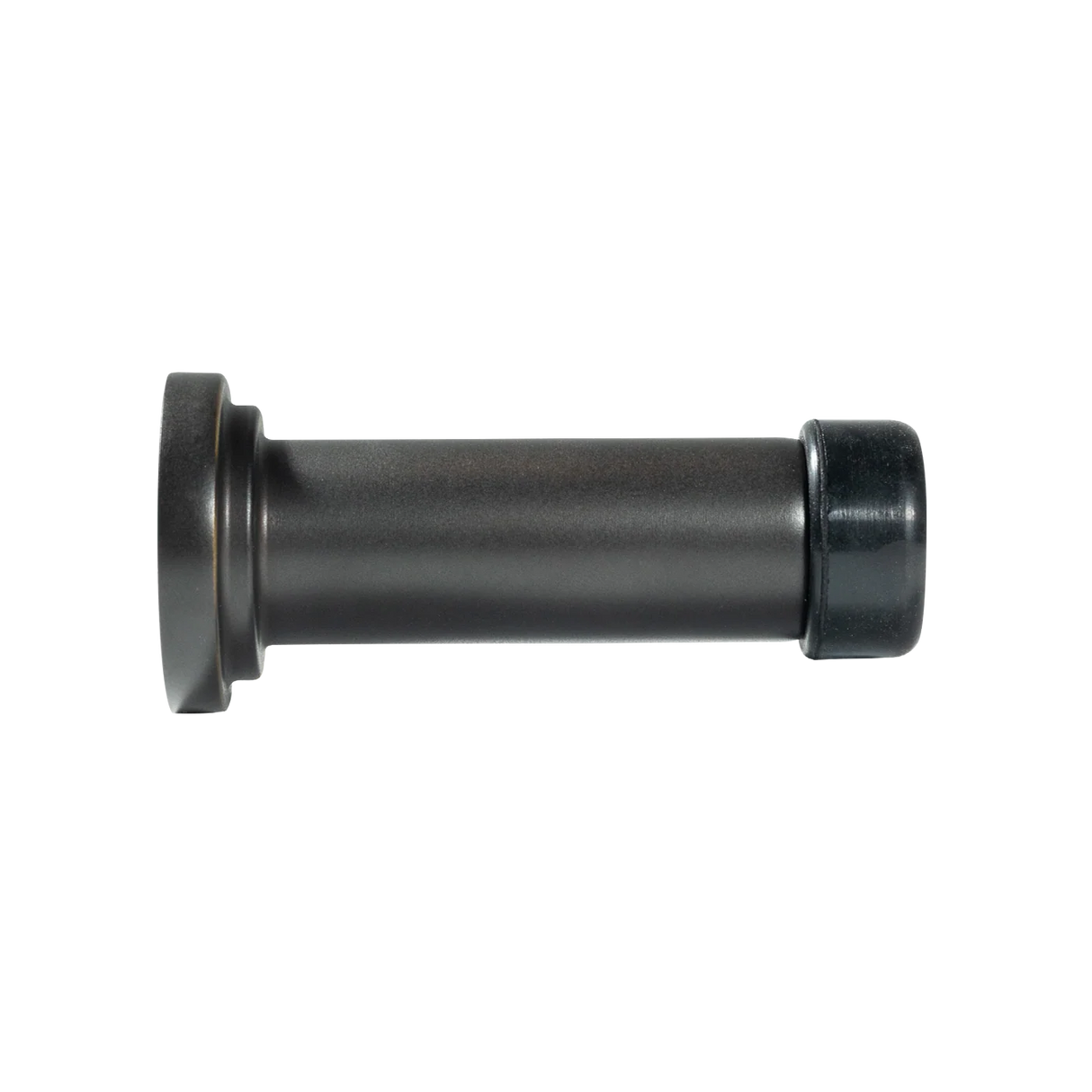 Black cylindrical metal component on a white background. MomoHandlesSolidBrassDoorStopDarkBronze