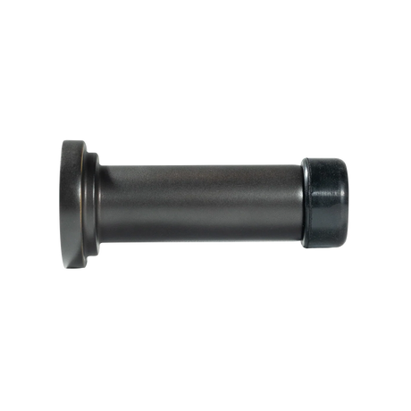 Black cylindrical metal component on a white background. MomoHandlesSolidBrassDoorStopDarkBronze