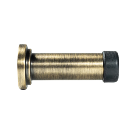 Metal door stopper with brass finish on a white background. MomoHandlesSolidBrassDoorStopDarkBrushedBrass