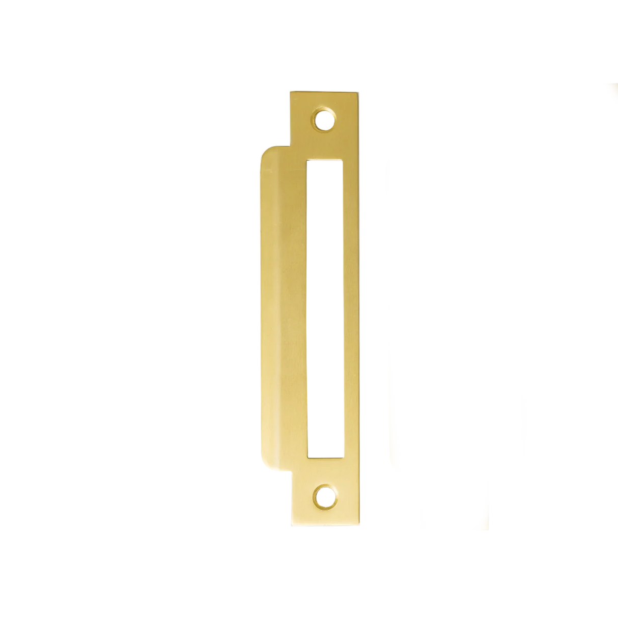 Gold door handle on a white background. MomoMorticeLockUniversalStrikePlateBrushedSatinBrass