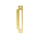 Gold door handle on a white background. MomoMorticeLockUniversalStrikePlateBrushedSatinBrass