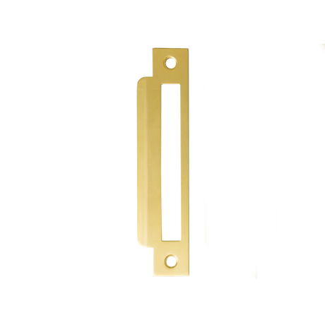 Gold door handle on a white background. MomoMorticeLockUniversalStrikePlateBrushedSatinBrass