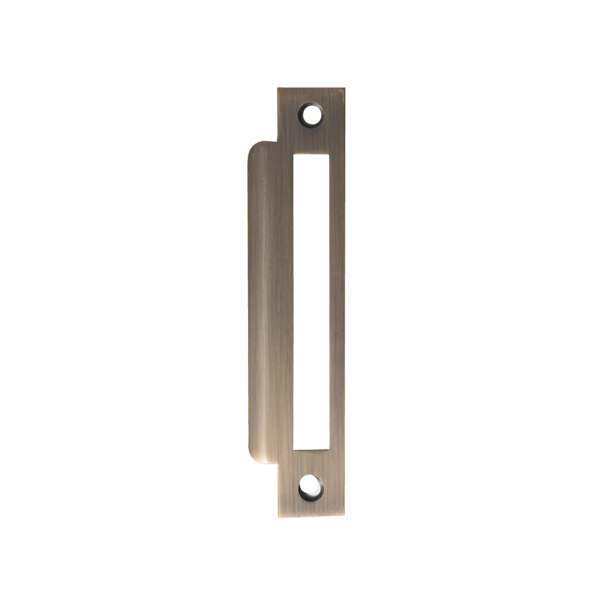 Metal door handle on a white background. MomoMorticeLockUniversalStrikePlateDarkBrushedBrass