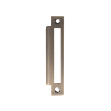 Metal door handle on a white background. MomoMorticeLockUniversalStrikePlateDarkBrushedBrass