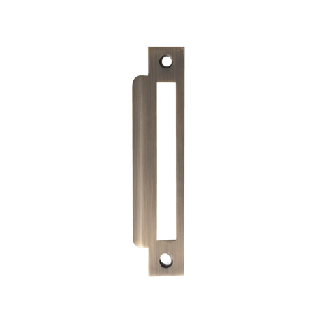 Metal door handle on a white background. MomoMorticeLockUniversalStrikePlateDarkBrushedBrass