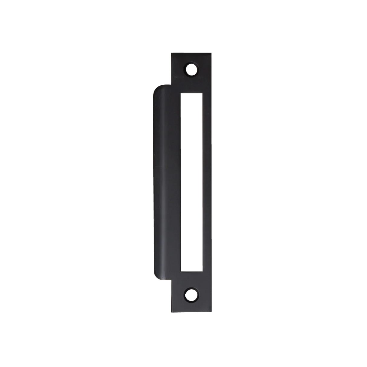 Black door handle on a white background. MomoMorticeLockUniversalStrikePlateMattBlack
