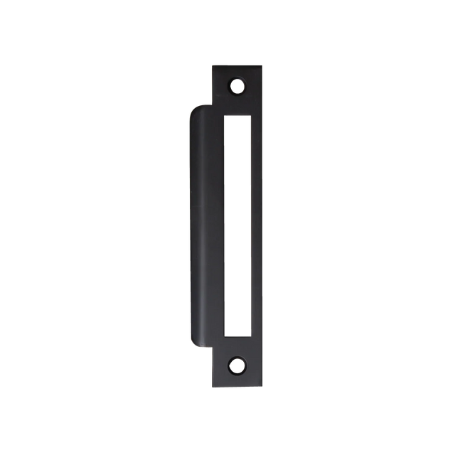 Black door handle on a white background. MomoMorticeLockUniversalStrikePlateMattBlack