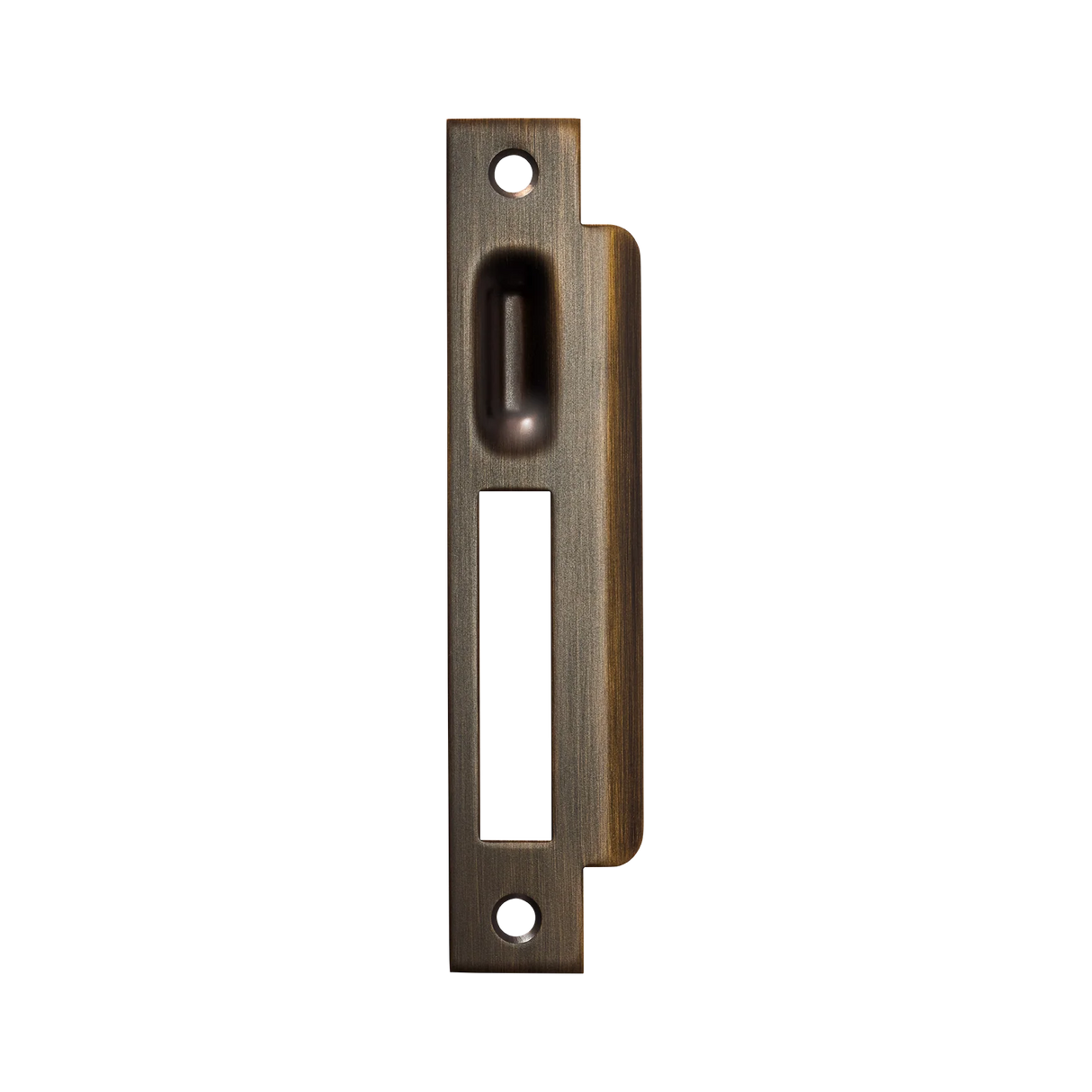 Bronze door handle on a white background. MomoRollerMorticeLockRightHandStrikePlateBronze_22ed62c3-c8d8-4894-a0b5-3aad31e02ba1