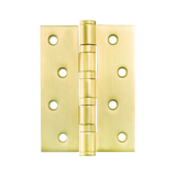 Gold metal hinge on a white background. MomoSolidBrassHinge100mmx76mmInBrushedSatinBrass