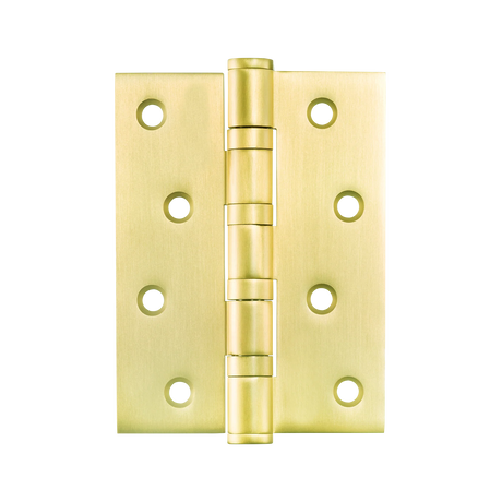 Gold metal hinge on a white background. MomoSolidBrassHinge100mmx76mmInBrushedSatinBrass