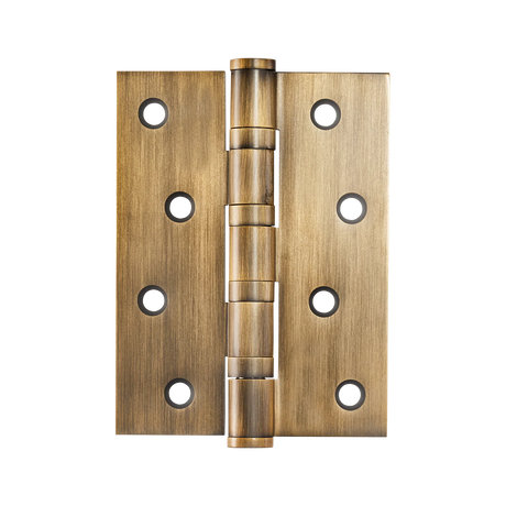 Brass door hinge on a white background. MomoSolidBrassHinge100mmx76mmInDarkBrushedBrass