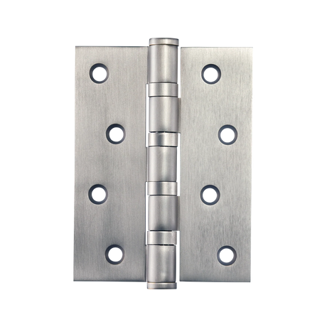 Metallic door hinge on a white background. MomoSolidBrassHinge100mmx76mmInDullBrushedNickel