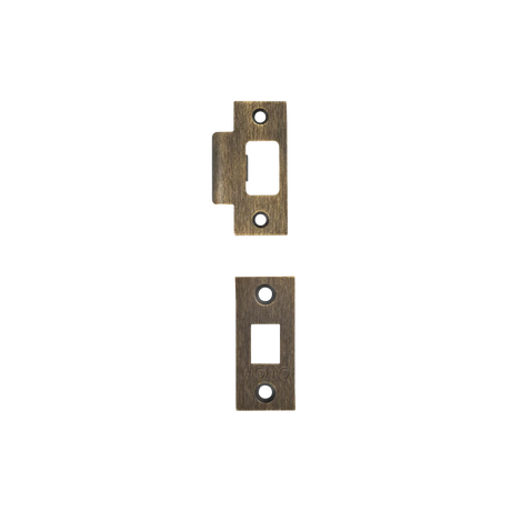 Two bronze rectangular door hardware components on a white background. MomoTubularLatchAccessoriesSetwithScrewsBronze