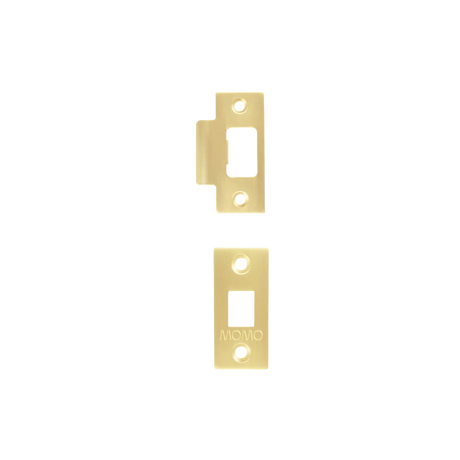 Two gold door hardware components on a white background. MomoTubularLatchAccessoriesSetwithScrewsBrushedSatinBrass