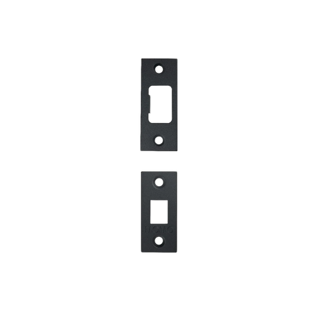 Two black metal door strike plates on a white background. MomoTubularLockBoltAccessoriesSetwithScrewsMattBlack